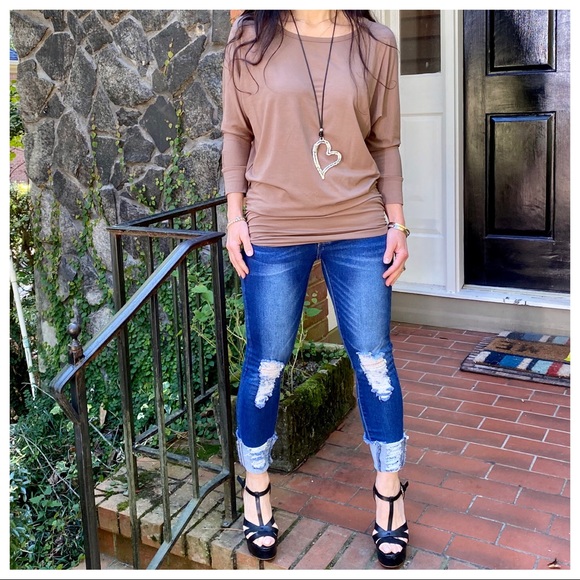 MOCHA DOLMAN BOATNECK 3/4 SLEEVES TUNIC TOP - Picture 4 of 15